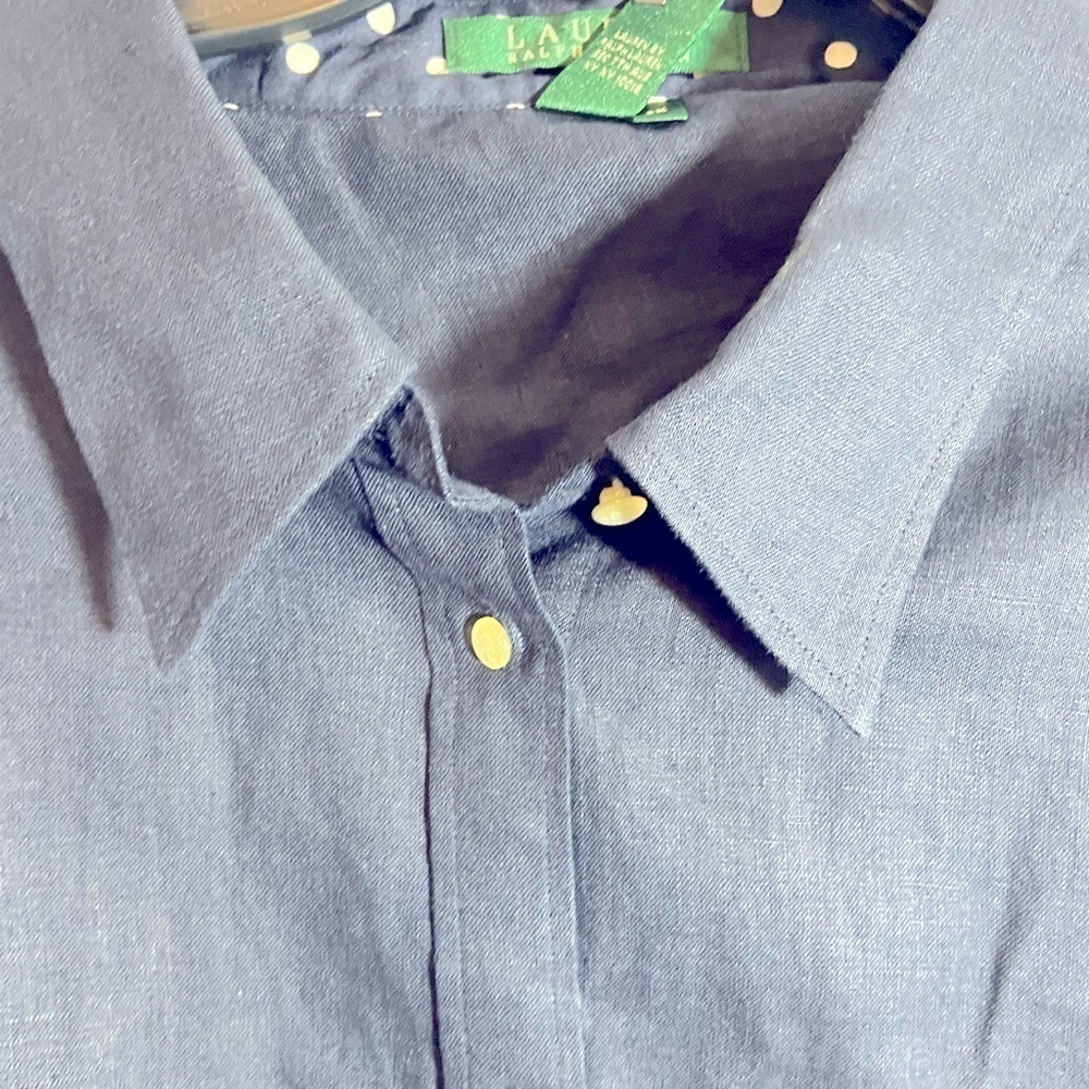 Lauren Ralph Lauren 100% Linen Shirt Navy Blue Sz 2X XXL Polka Dot Collar READ - Picture 12 of 12